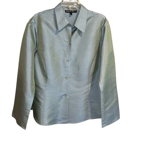 Lafayette 148 New York 100% Silk Iridescent Teal Crystal Button Blouse Size 12 - Picture 9 of 10